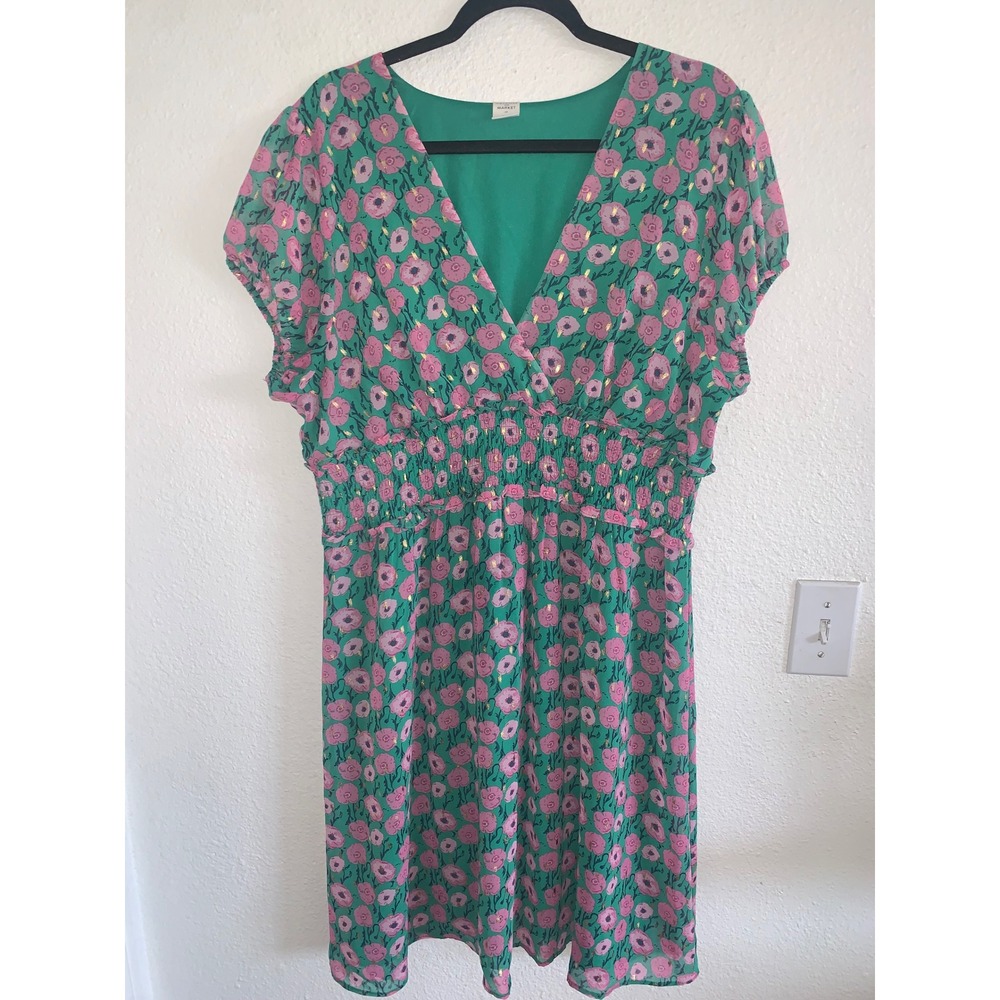 Melrose and Market Green Pink Floral Gold Foil Smocked Mini Dress‎ Womens 2X